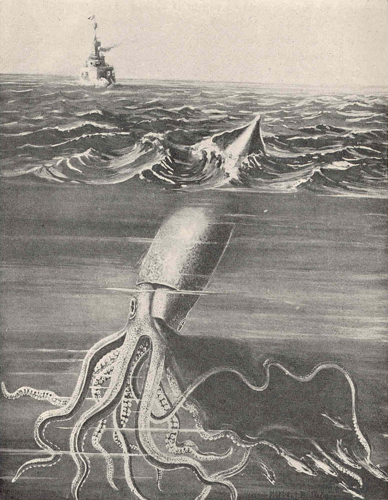 painting by herbert b judy of a giant squid under a little ship